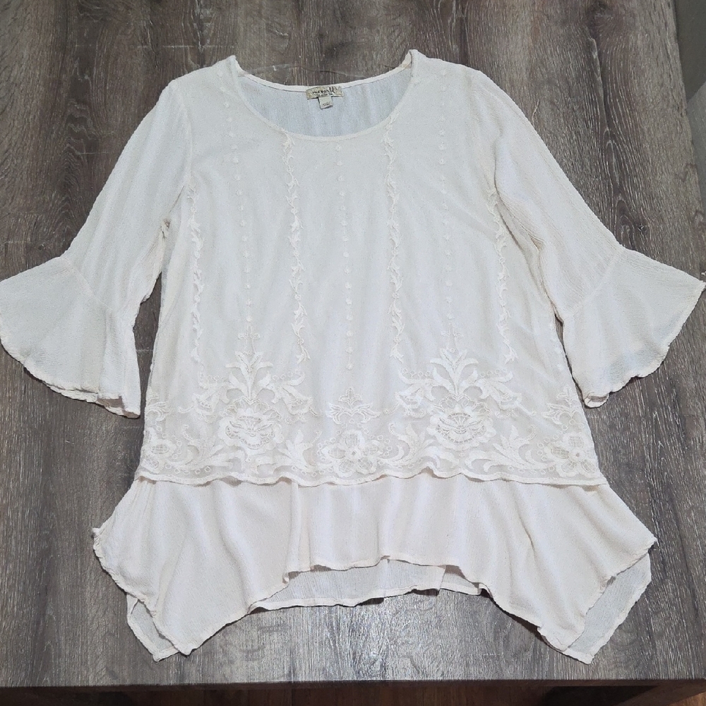 ONE WORLD Embroidered Lace Flowy Blouse Tunic Top Ivory Cream Large